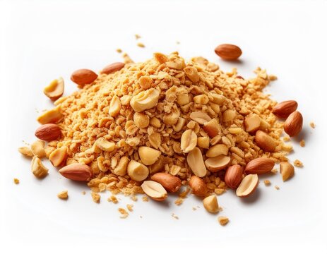 nutty roasted peanut crumble isolated on white backdrop for culinary uses