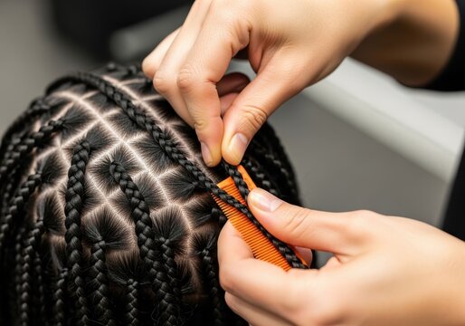 Closeup of a professional hairstylist creating intricate box braids