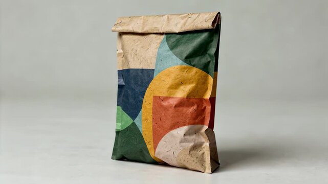 Medium shot of a printed recyclable paper mailer bag displaying vibrant branding and ecoconscious design aimed at reducing plastic waste in online retail shipments