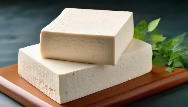 two blocks of firm off white tofu stacked the texture is visible slightly grainy
