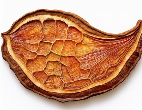 dehydrated fruit slice brown texture curved shape isolated on white background