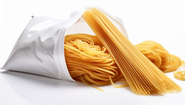 white plastic bag packaging filled with spaghetti pasta isolated on white background