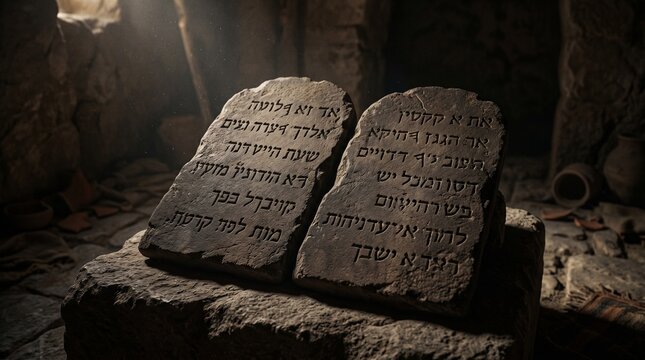Ancient stone tablets with Hebrew inscriptions resembling the Ten Commandments resting on a rock in a dimly lit cave setting