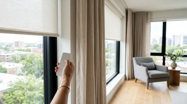Hand holding remote control to operate smart blinds in a modern living room with city view and armchair