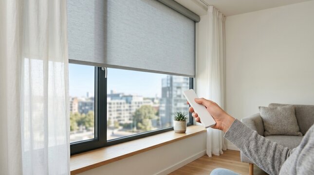 Person holding remote control to operate motorized roller blinds in a modern apartment with city view