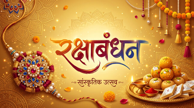 Raksha Bandhan Hindi Typography Banner with Decorative Rakhi Traditional Sweets and Festive Celebration Background