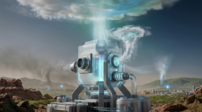 Futuristic climate control facility generating a powerful energy beam in a dramatic mountain landscape. Advanced technology concept for geoengineering, renewable energy, weather innovation and environ