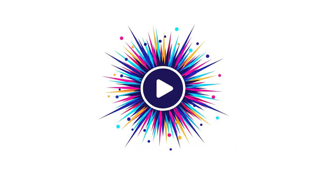 A vibrant colorful vector play button icon surrounded by a dynamic burst of multicolored lines and dots.