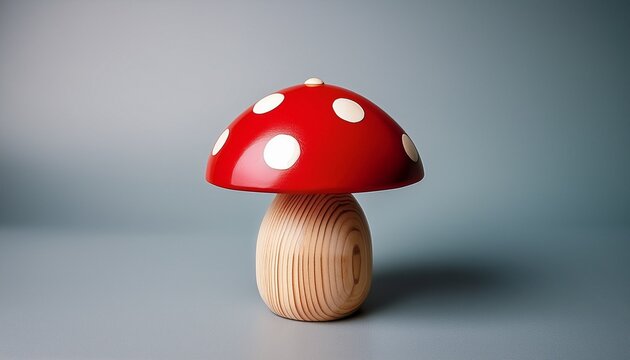 simple wooden mushroom toy with red cap and light stem on plain background