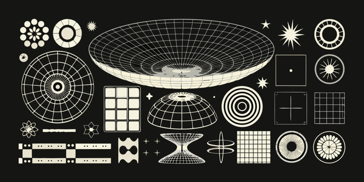geometric wireframe shapes on black background pattern