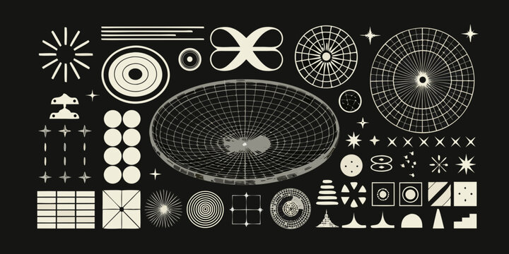 geometric wireframe patterns on black background shapes