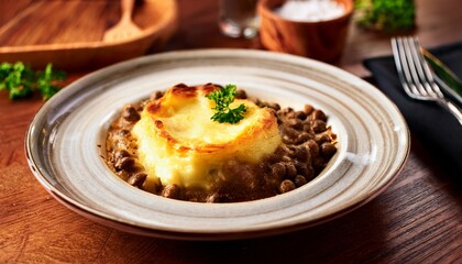 Naklejka premium shepherd s pie restaurant dinner close up wood table