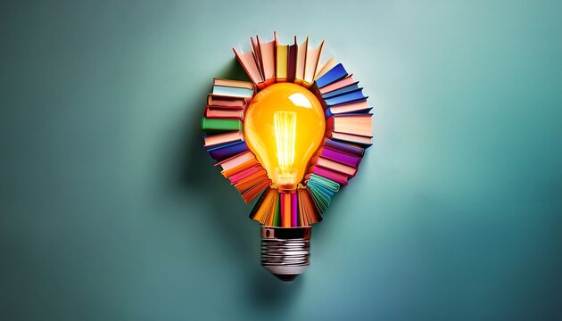 a light bulb made of colorful books shines bright symbolizing knowledge and creativity ideas grow from reading and learning every day