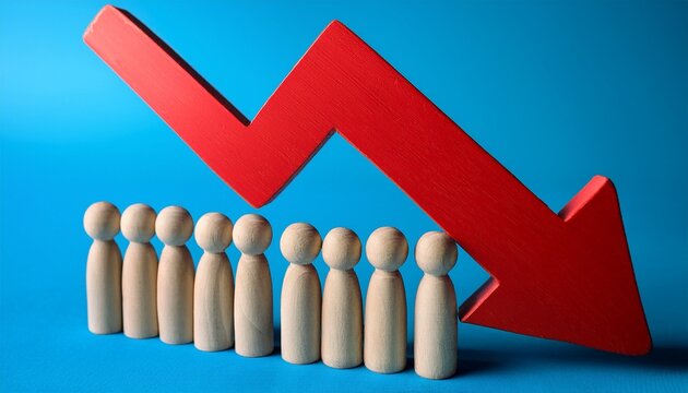 line of wooden peg dolls stands behind red downward arrow on blue surface declining birth rate demographic collapse trend aging population crisis population shrinking statistics