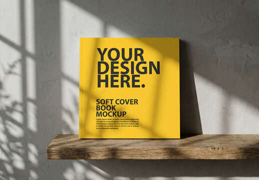 Square Soft Cover Book Mockup on wooden shelf with shadows from window