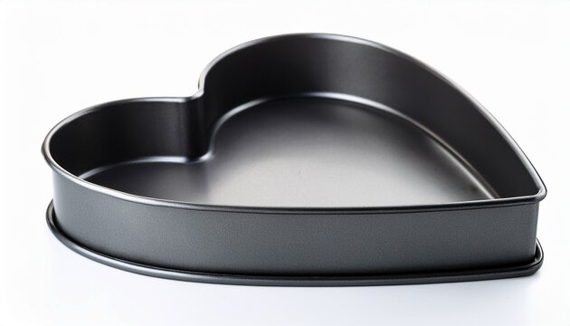 close image of a heart shaped cake pan with dark gray metal and non stick coating plus removable base