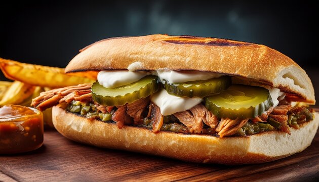 grilled cubano sandwich on wooden board with pickles on side great for blogs or restaurants promoting cuban cuisine and tasty lunch