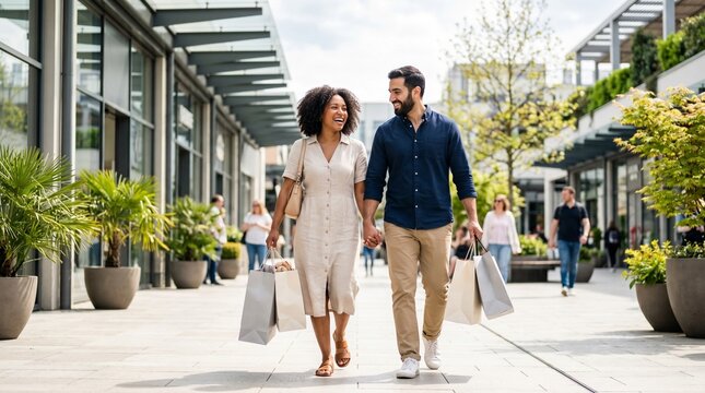 Happy young multi-ethnic couple walking through an outdoor shopping mall holding hands and carrying shopping bags