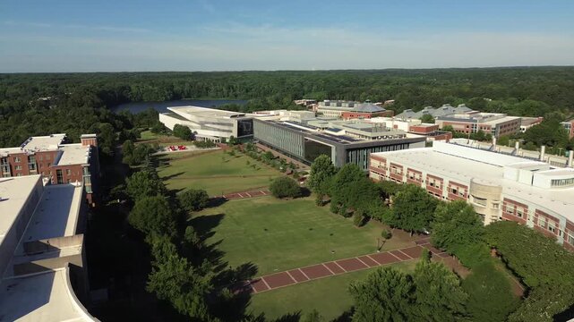 Aerial flyover view of Centennial Campus at NC State University in Raleigh , North Carolina