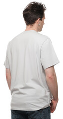 Fototapeta premium Man wearing blank t-shirt on white background, back view. Mockup for design