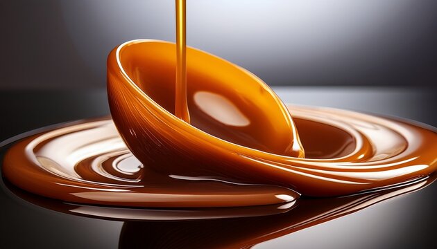 rich viscous caramel sauce elegantly drips from a smooth rounded surface