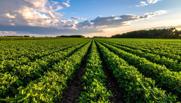 Sunlit peanut field rows stretching into the horizon under a dramatic sky at sunrise