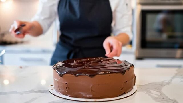 A baker is frosting a chocolate cake with a spatula. The cake is on a white counter in a kitchen.