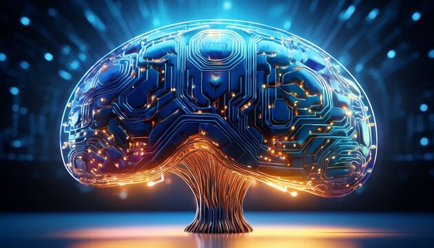 close up of a glowing digital brain made of circuits