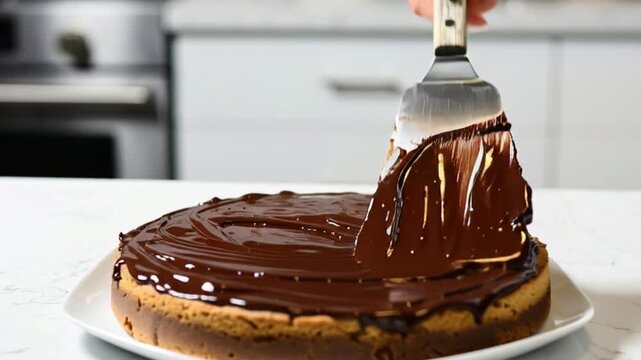 A hand is shown spreading chocolate frosting onto a cake with a spatula. The cake is on a white plate on a counter with kitchen appliances in the background.
