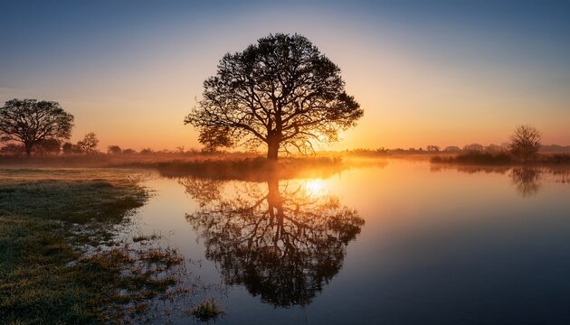 silhouetted tree mirrored in calm waters at sunrise