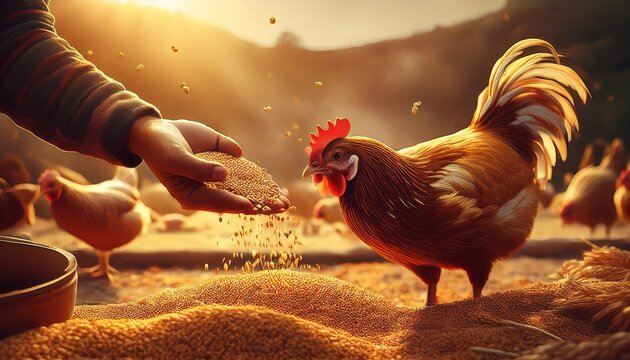 feeding chickens grains by hand generative ai