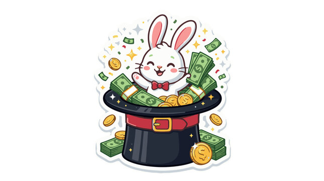 Cute rabbit magician pulling money from hat in magic show