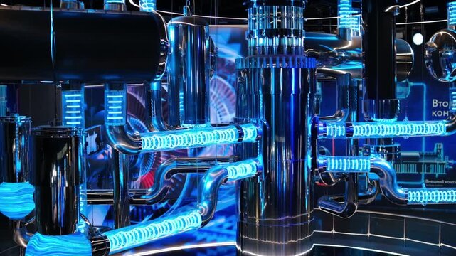 Water-to-water power reactor features interconnected pipes and machinery, illuminated in blue, showcasing advanced technology in an industrial environment