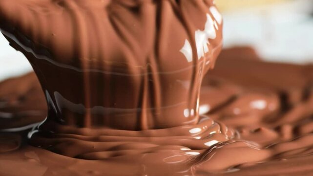 Melted chocolate is dripping from a spoon into a bowl of more melted chocolate. The image is a close-up shot focusing on the rich, glossy texture of the chocolate.