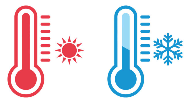 Hot and cold thermometer icons representing temperature extremes for weather and climate concepts