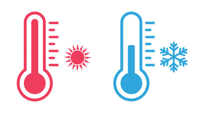 Hot and cold thermometer icons featuring temperature extremes for environmental and seasonal themes