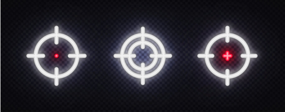 Neon target and crosshair symbols with red center and precision markers. Glowing icons for focus, aiming, tracking, and gaming interfaces.