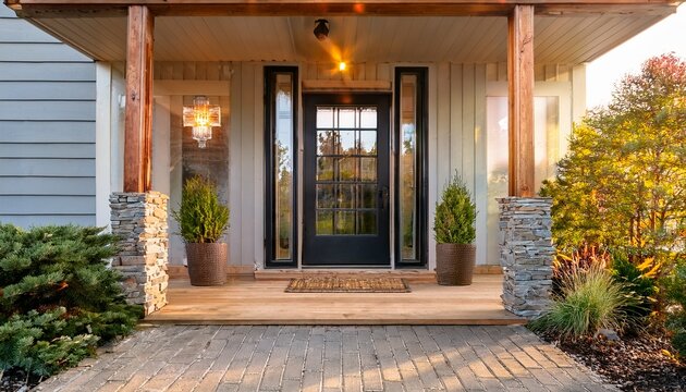beautiful modern farmhouse style entrance with large window door