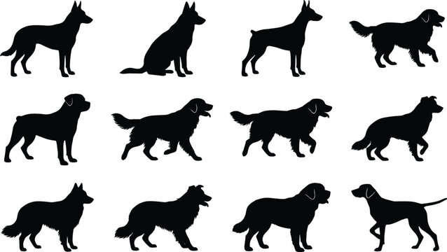 Collection of Dog Silhouettes in Various Poses, Ideal for Design Projects and Animal Lovers