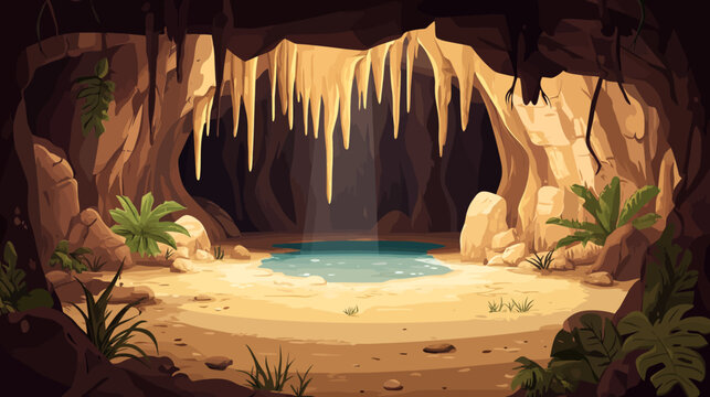 Sunlit cave with stalactites, turquoise pool, sandy shore and lush jungle plants