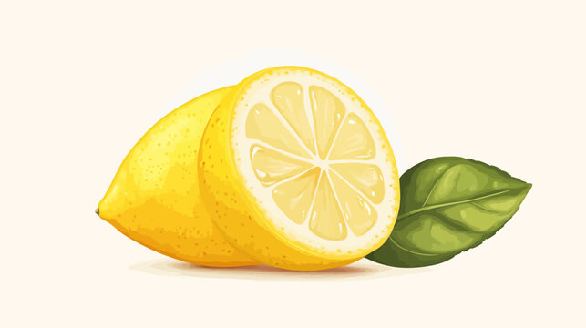A halved lemon with a vivid rind and segmented pulp is displayed alongside a whole lemon next to a green basil leaf on a pale background. Distinct white dots mimic natural texture