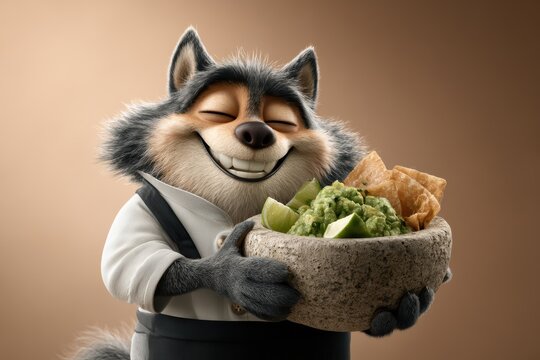 Smiling Wolf in White Chef Jacket Holding Fresh Guacamole
