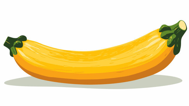Bright yellow banana with a curved shape, green stem, and soft gray long shadow