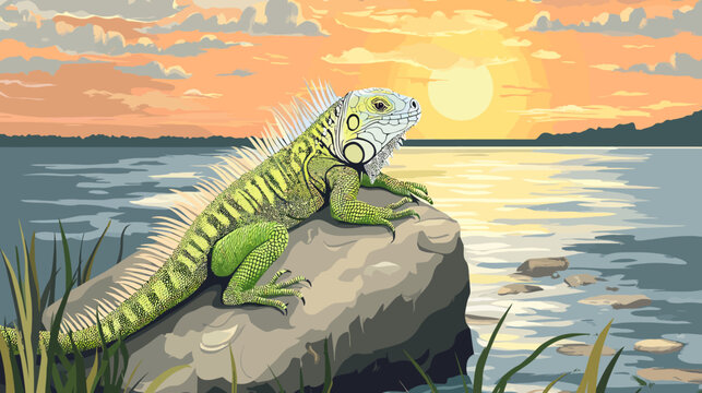 Green iguana perched on a rock by a sunset-lit lake, calm water and reeds. glows