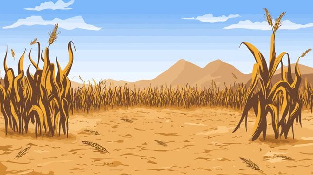 Dusty cornfield extends to distant mountains beneath a bright blue sky far away