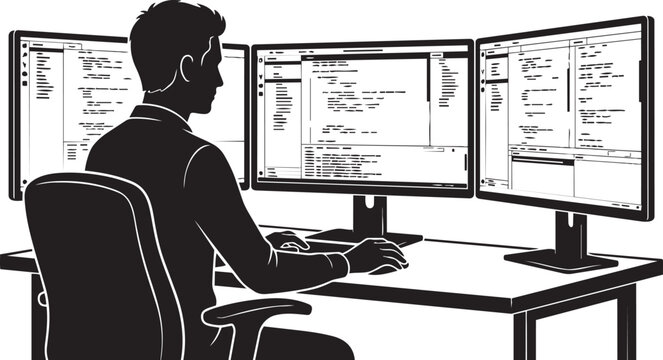Person Working On Multiple Computer Monitors Showing Code Interface Silhouette Vector Illustration