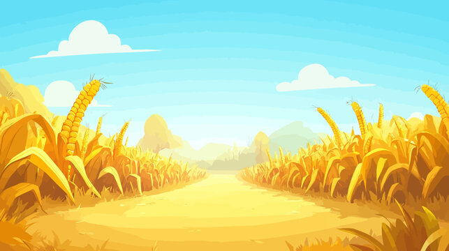 Ancient stone path through towering golden autumn cornfield under vast blue sky with fluffy clouds, distant mountains fade into hazy horizon