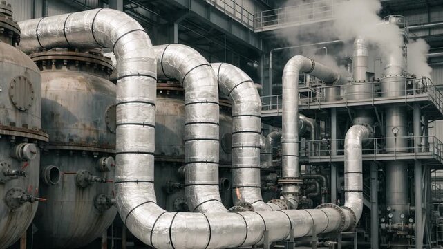 Medium shot focusing on insulated piping network transporting captured exhaust gases from calciners to a heat recovery unit designed for efficient steam generation