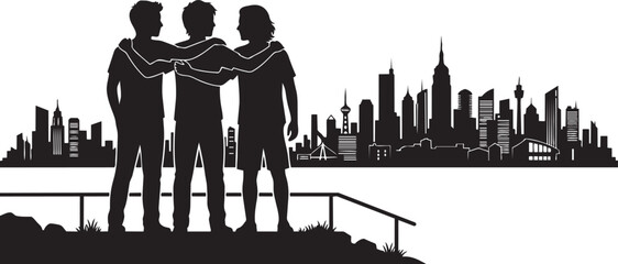 Obraz premium Three Friends With Arms Around Shoulders Looking At City Skyline Silhouette Vector Illustration