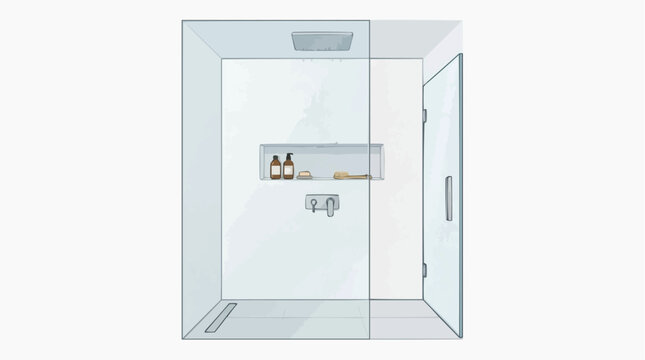 Bathroom Set - minimalist white shower with glass door, recessed shelf and ceiling showerhead, clean modern interior vector illustration on white background